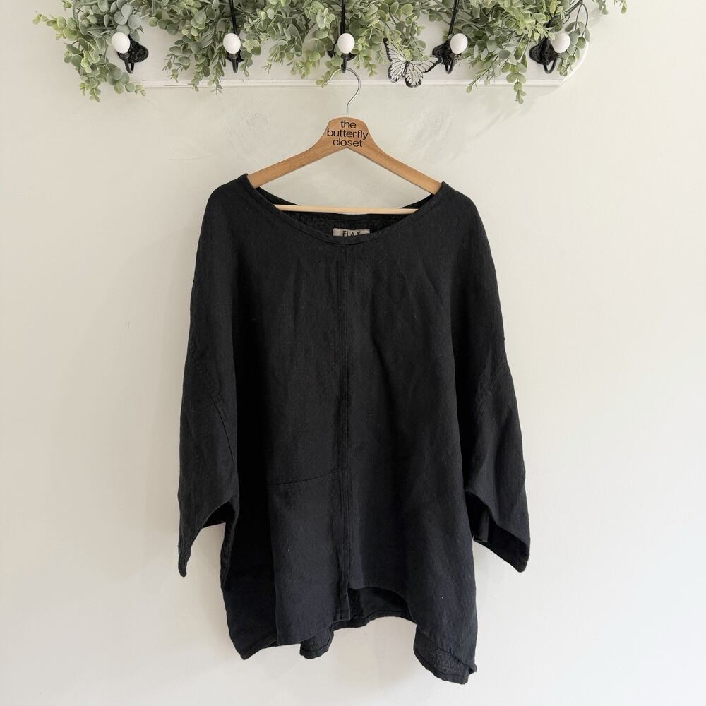 Flax 100% Linen Black Lagenlook Boxy Oversized Top Large 18-5808